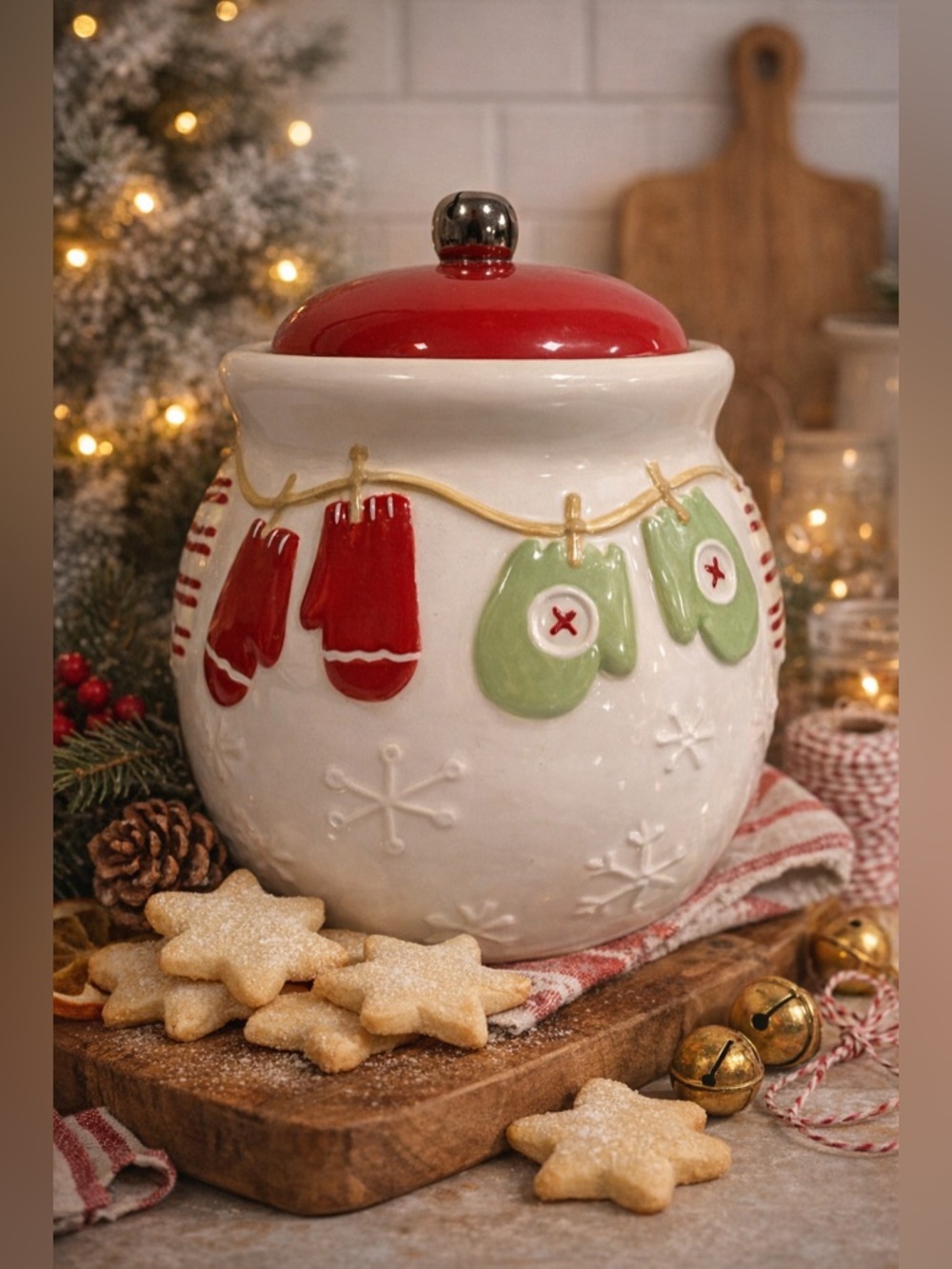 Vintage 80s Hallmark Holiday Cookie Jar Winter Mittens Clothesline Design